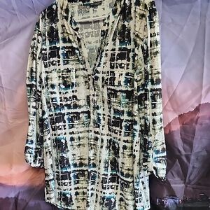 Ava & Grace Artistic Print Blouse in Black, White, and Blue
